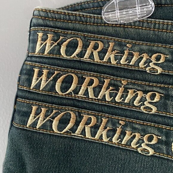 Rare Y2K Flare Jeans Sz 28 "WORKing Girl" Embroidered Statement Denim - Picture 3 of 14